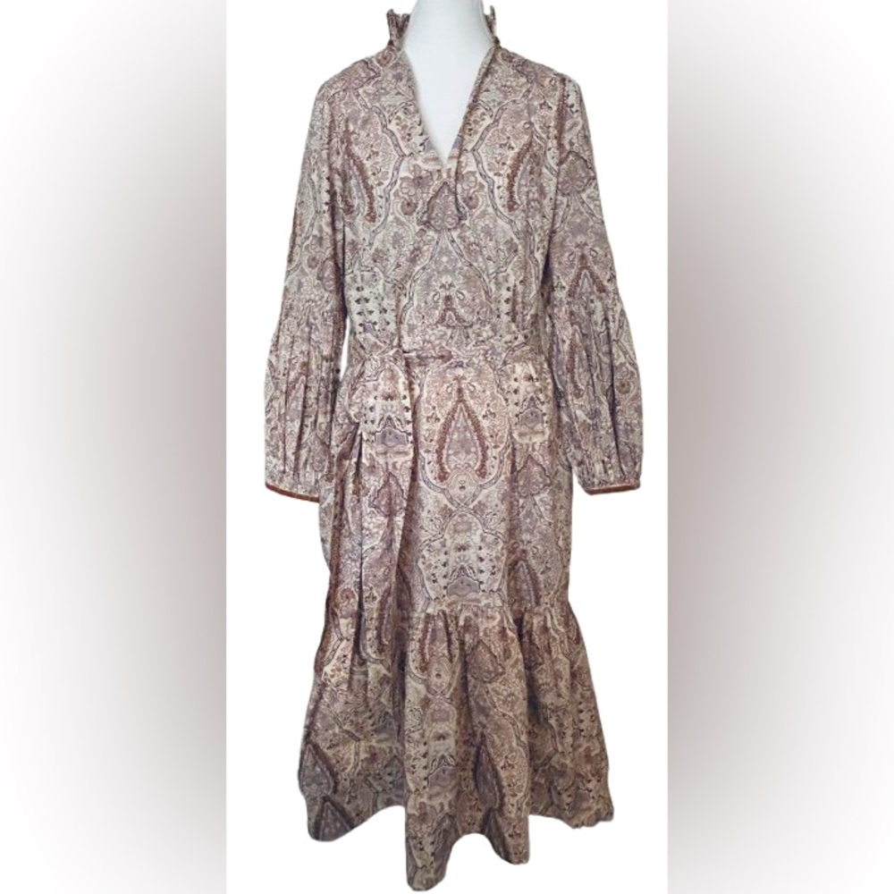 Elegant Nicoblu Paisley Medium Tiered Dress Boho Cottagecore Cotton Tan Floral